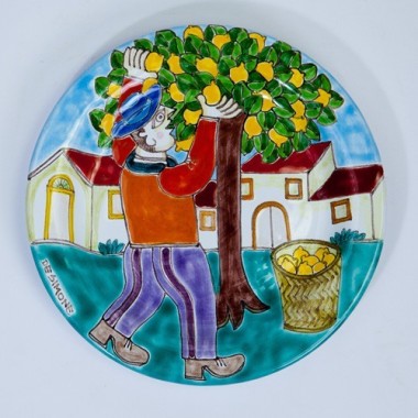 Handmade sicilian Circular Plate DS 18 cm Oranges Harvesting PT18DS-27 Handmade sicilian Circular Plate DS 18 cm Oranges Harvesting PT18DS-27